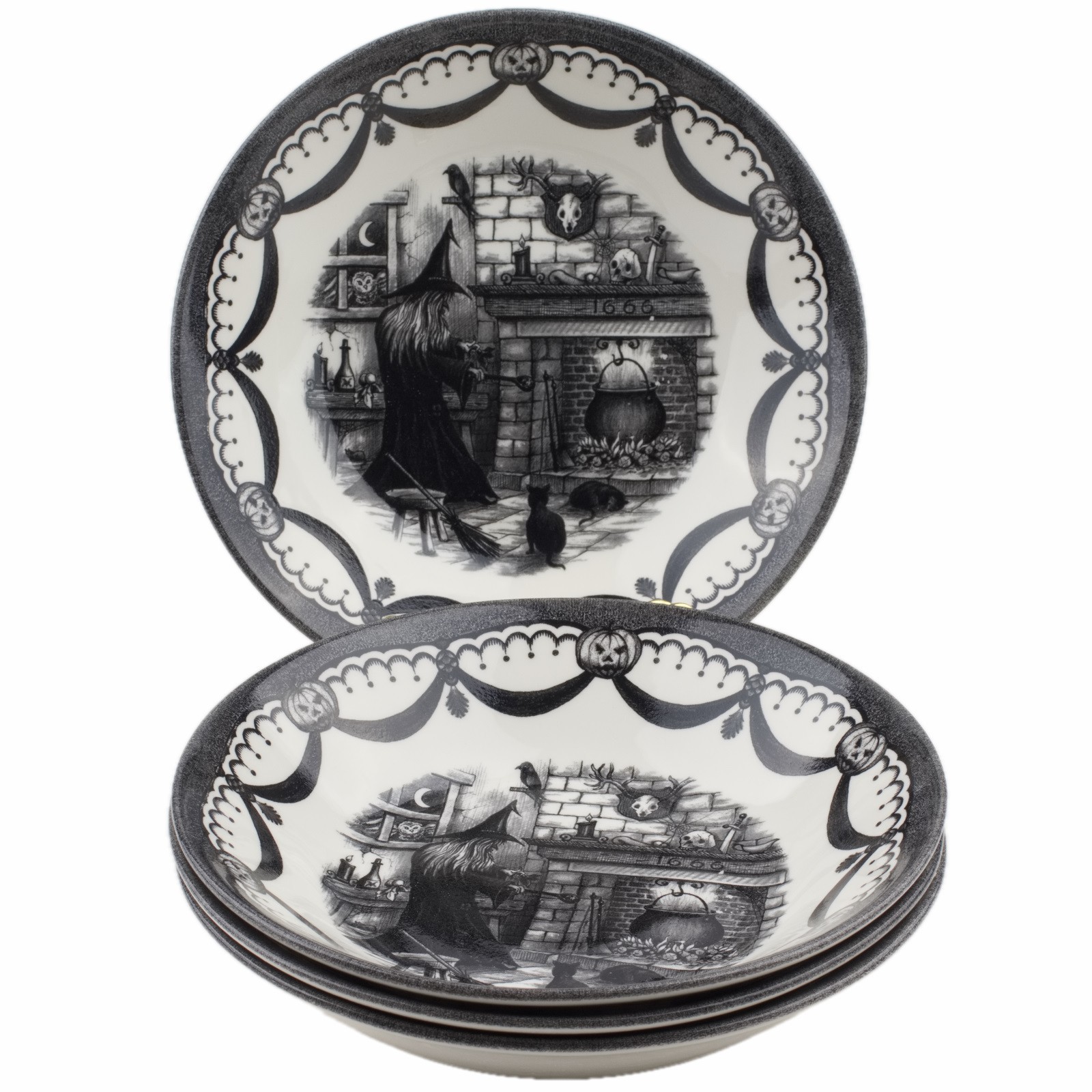 Royal Stafford Witch Fireplace Black Cat Soup Bowls Set of 4 Halloween