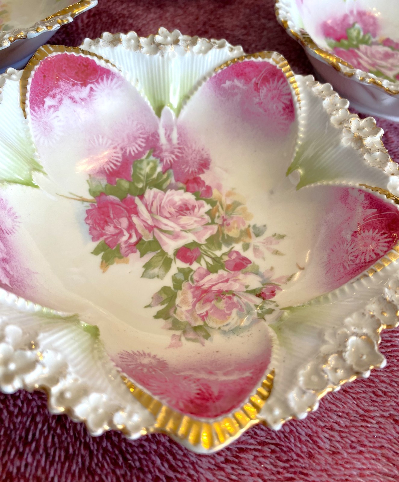 Antique RS Prussia Porcelain Serving & Berry Bowls Floral Pink Roses 7 PC Set