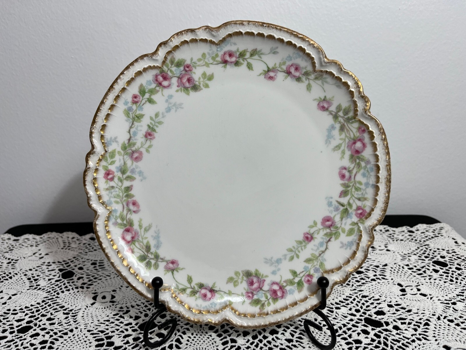 Antique Charles Field Haviland Limoges Plate Pink Rose Floral Pattern Gold Trim