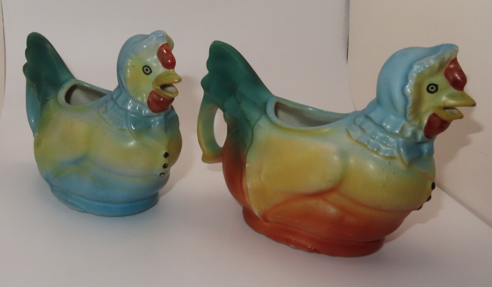 Vintage Czech Pottery “Hen in a Bonnet” Creamer Pair – Art Deco 1920s-30s