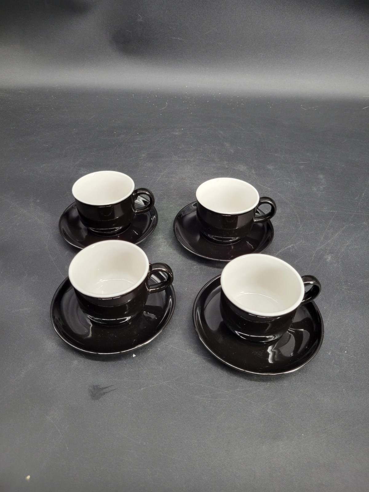 4 Black Glazed 2 1/8″ Teacup/Coffee Cup w/ Four 5″ Saucer Sets 8-Pieces Total