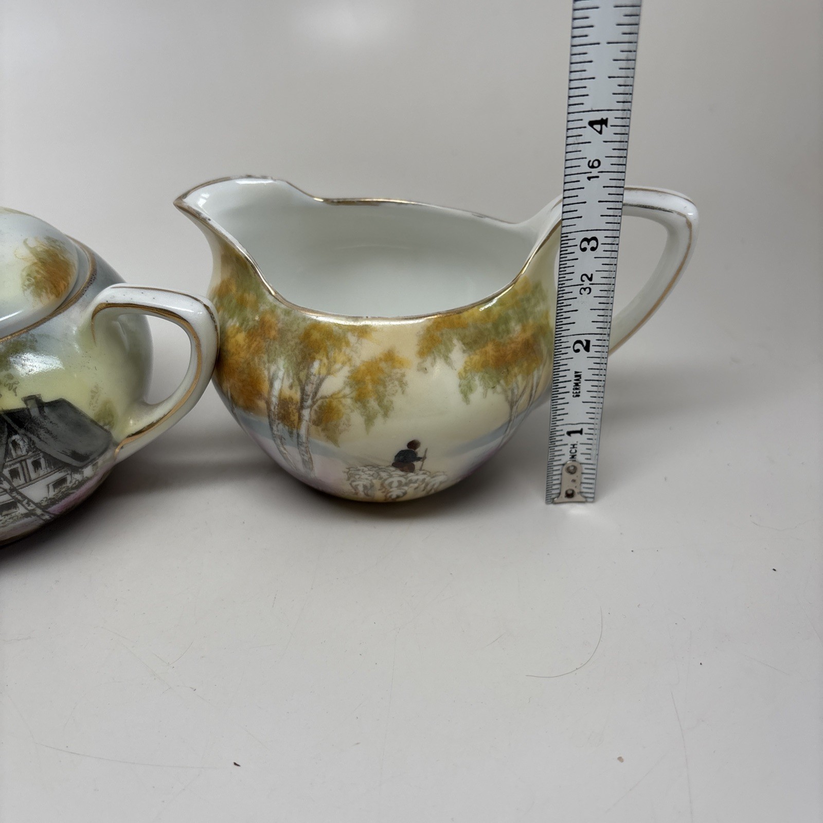 Antique RS Prussia Rare Sugar Creamer Cottage Barn Motif