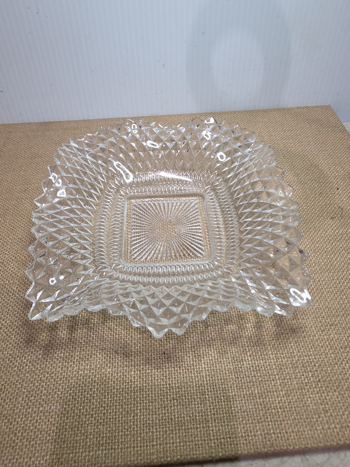 Vintage Clear Indiana Glass Co Square Ruffled Diamond Point Candy Nut Dish Bowl