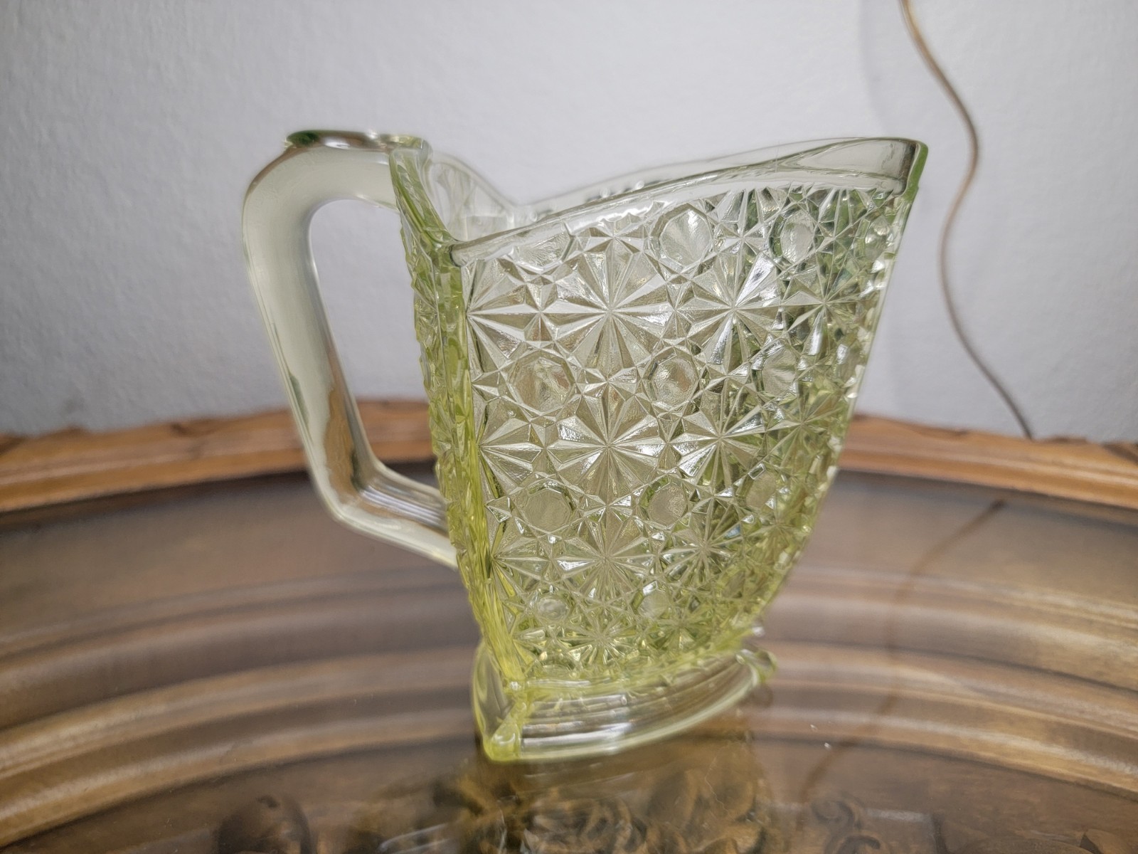 Gillinder & Sons Antique Vaseline Yellow Uranium Glass Triangle Cream Pitcher