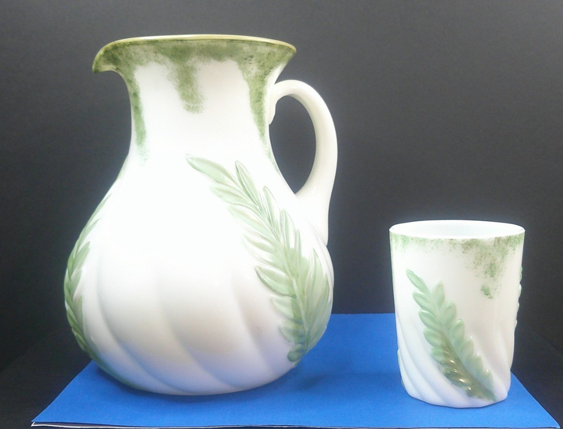 Single Leaf Swirl, Bonita Glass Co, Pitcher & Tumbler, EAPG, c1899, USA, ExCd
