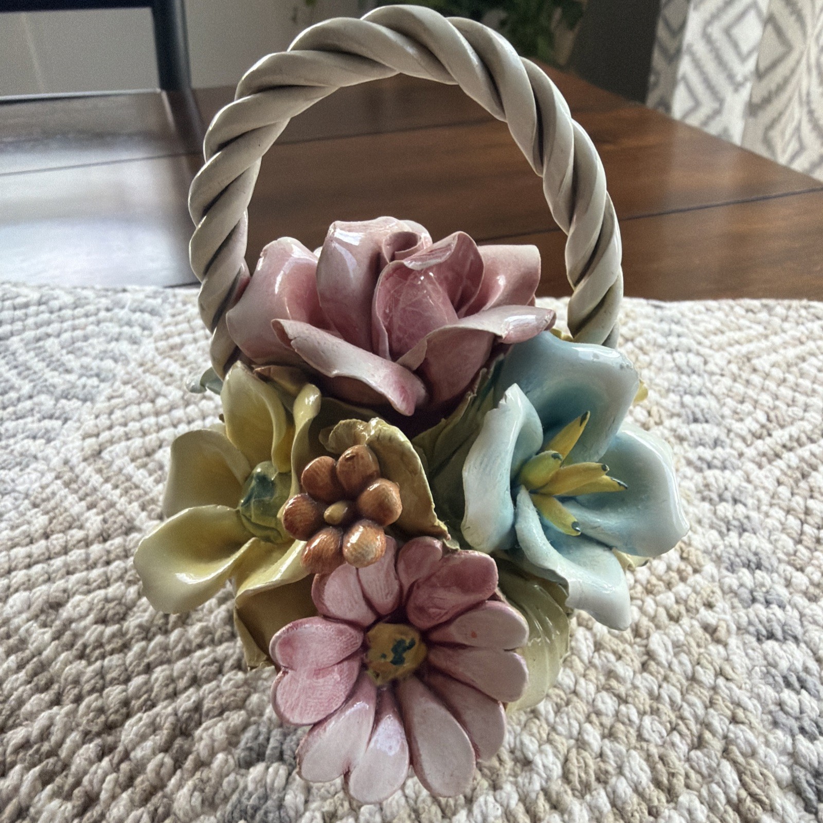 Vintage Italian Capodimonte Basket of Assorted Colorful Flowers Small Chip