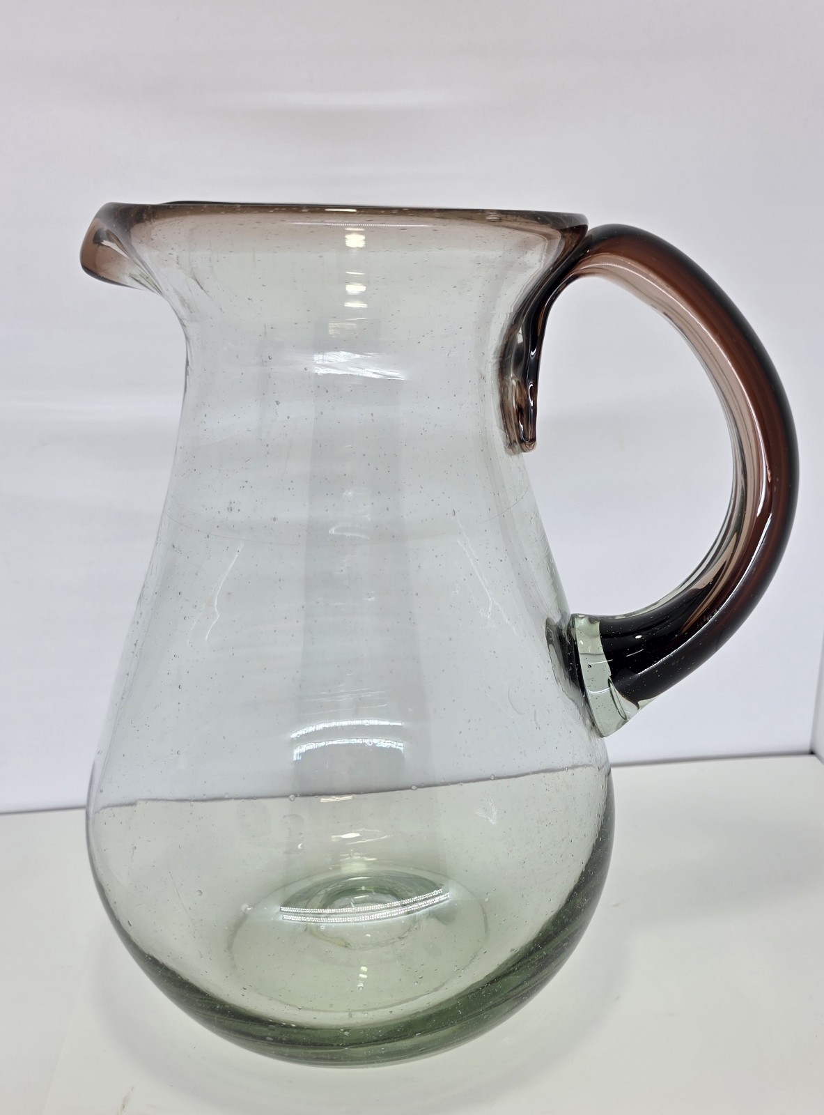 Mexican Hand Blown Glass Pitcher Light Brown Rim and Handle 9″ Beautiful