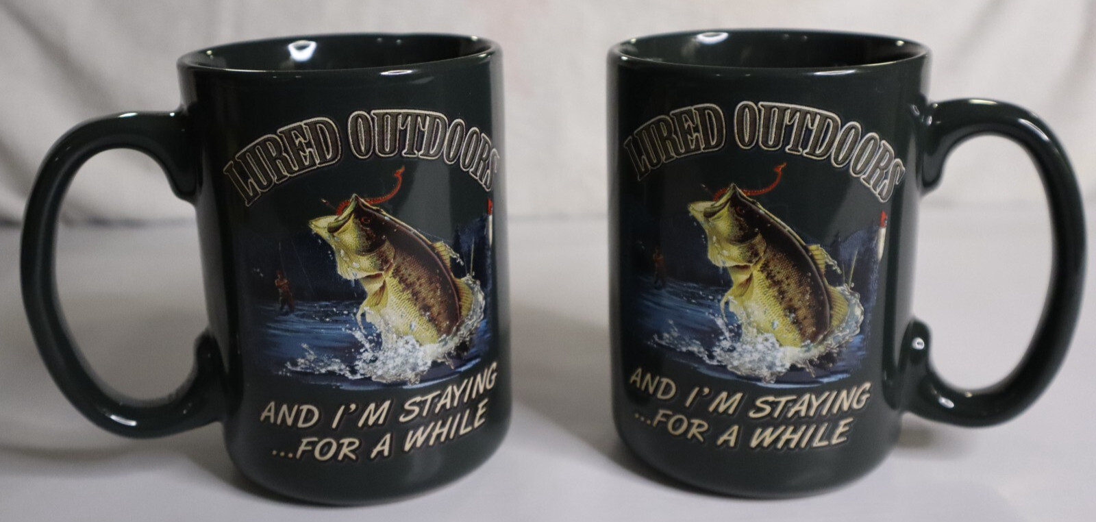 Coffee Mugs Set of 2 Fisherman Outdoor Funny Quote Green Ceramic