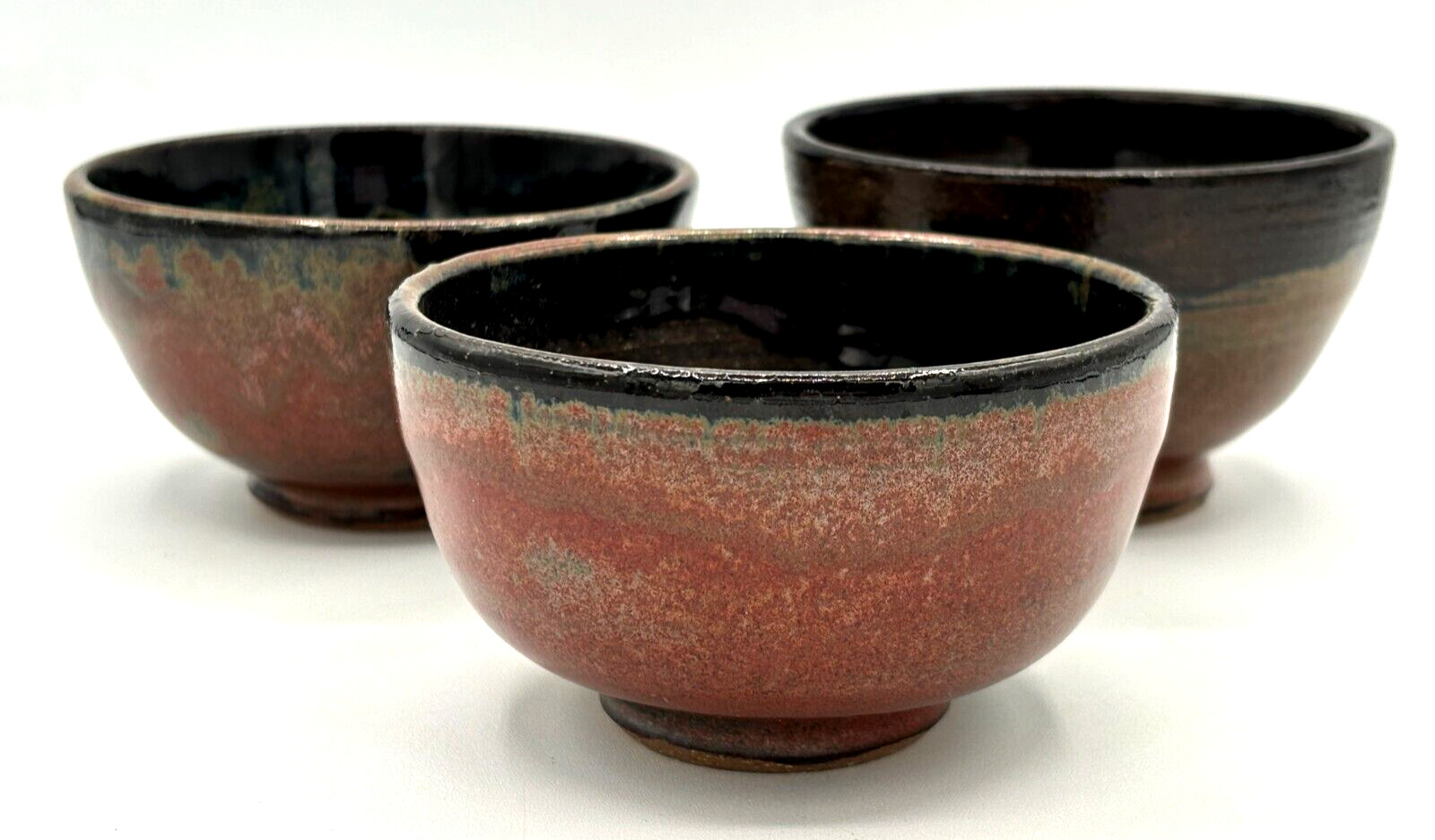 Stoneware Snack Bowls Firewood Kiln Glaze Set of 3 Wheel Thrown Studio Art