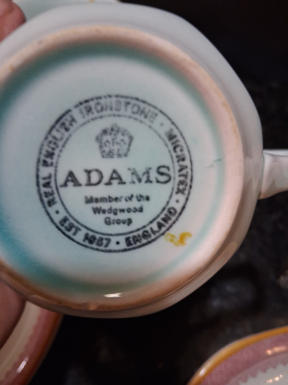 15pc Vntg Adams Calyx Ware Lowestoft Cup & Saucer Set Of 7 + 1 saucer, lt blue