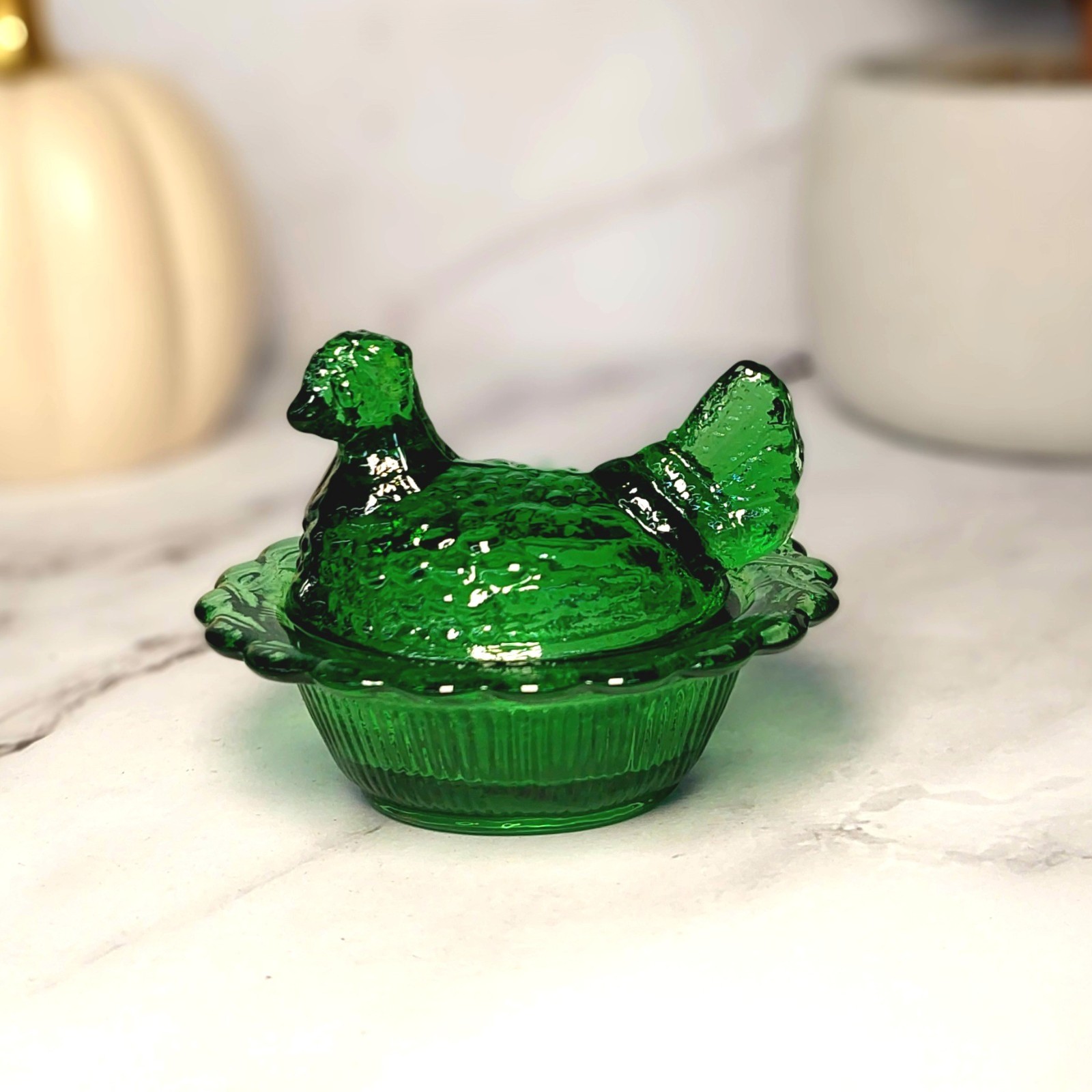 Mosser Mini Hen on Nest Chicken Salt Dish, Green Depression Style Glass