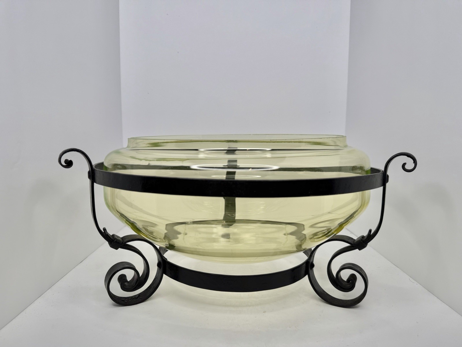 HTF Vintage Massive 14” Vaseline Glass Fishbowl Uranium W/Cast Iron Stand