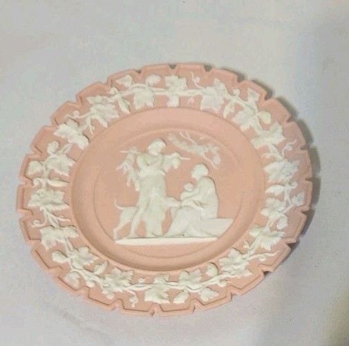 7″ Jasperware Pink & White Plate Ivory Neo~Classical Relief Notched Rim Vintage