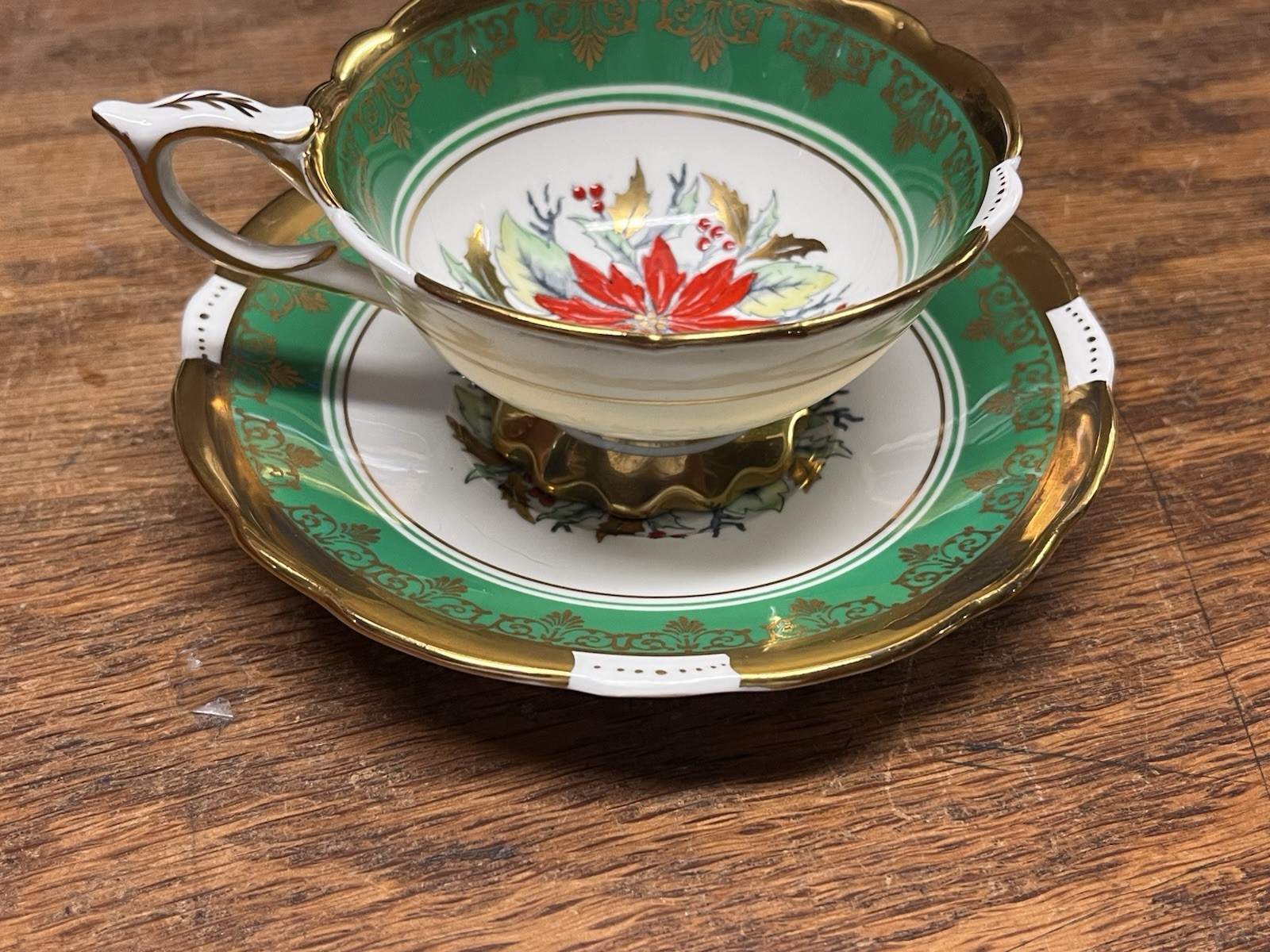 Vintage Royal Stafford Poinsettia Tea Cup & Saucer Gold Trim Scalloped England