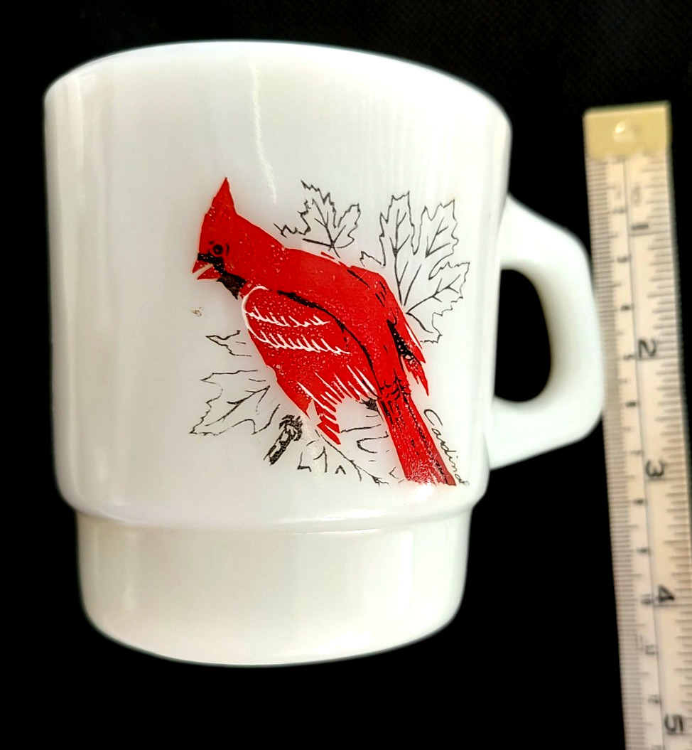 Cardimal Birds Fire King Mug EASTER Anchor Hocking Milk Glass Vtg Coffee Tea Cup