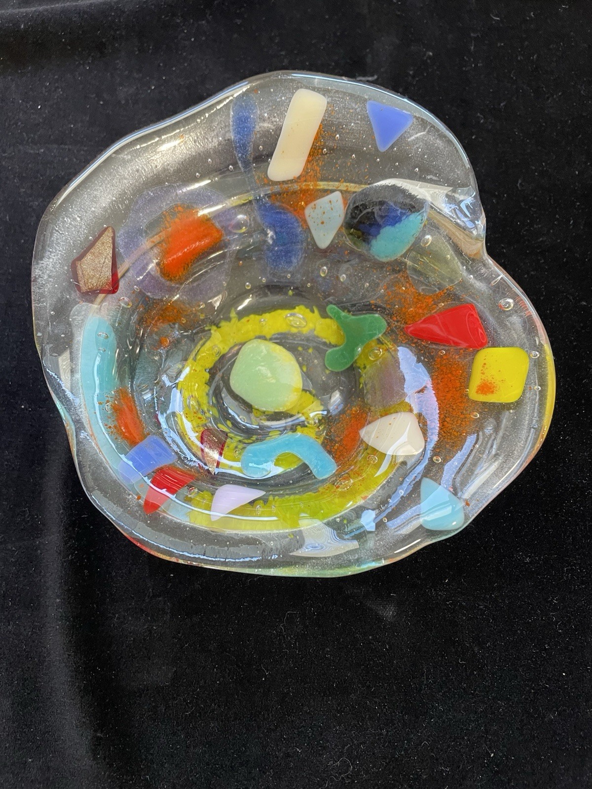 “Circles Of Joy “Contemporary Fused Art Glass Abstract Handmade 6.5”x3 “ OOAK