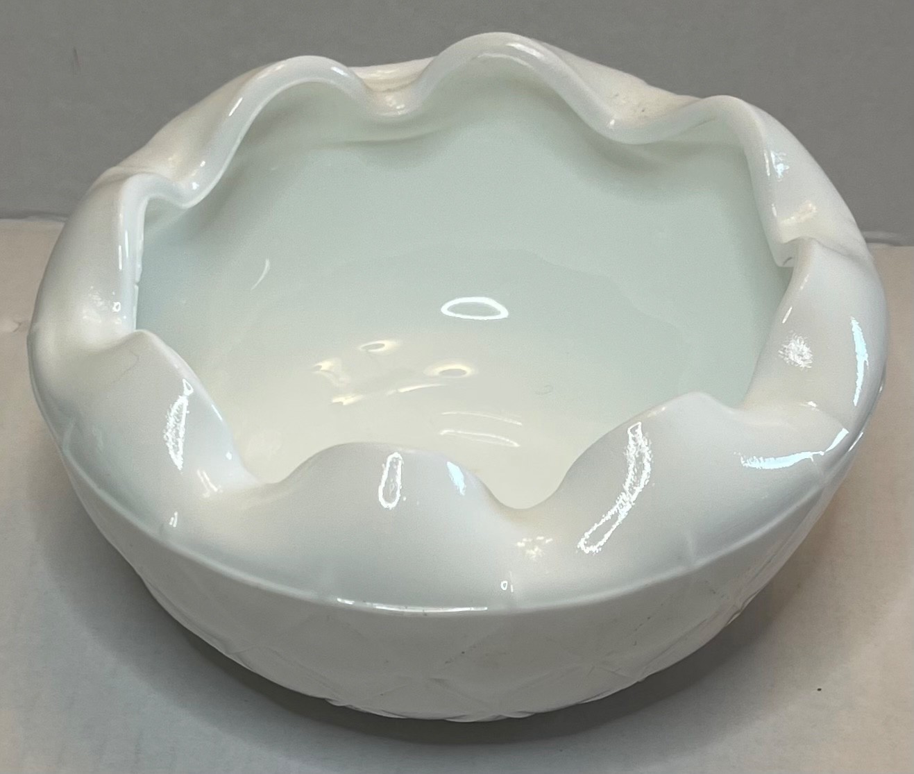 Vtg Indiana Milk Glass Duette Candy Bowl Diamond Quilted Crimped Ruffled Edge
