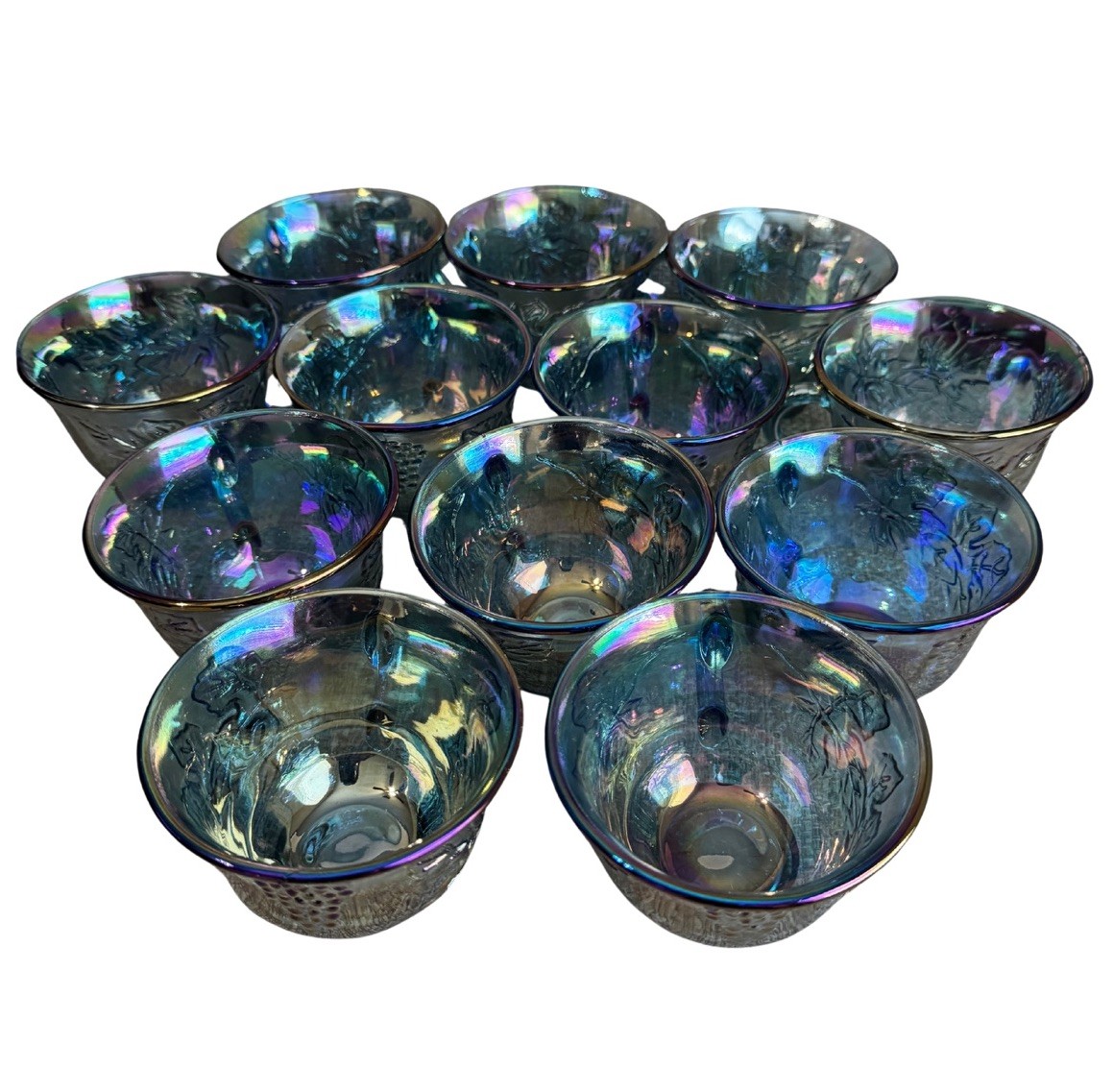 Indiana Glass Blue Carnival Glass Harvest Grape Punch Bowl Set w/ 12 Cups Used