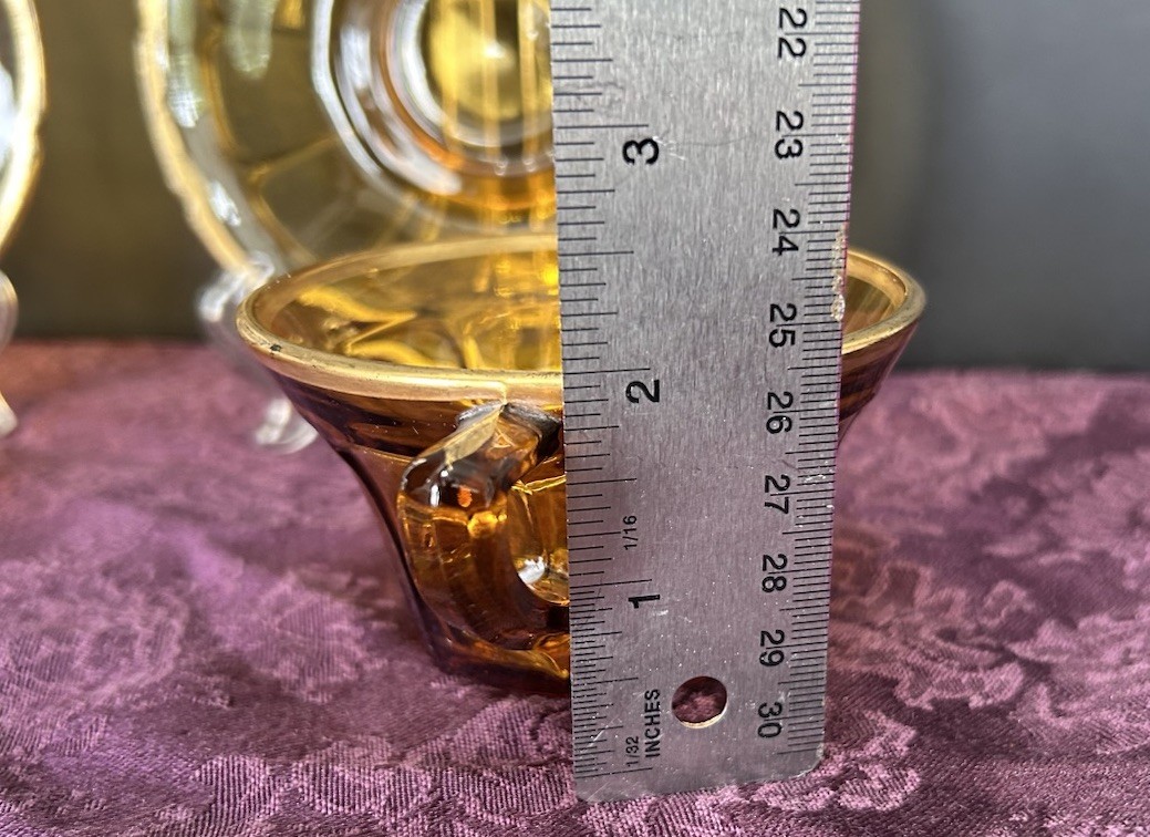 Depression Glass Diamond Glass VICTORY Design Amber Gold Trim Cup & Saucer 3 Set