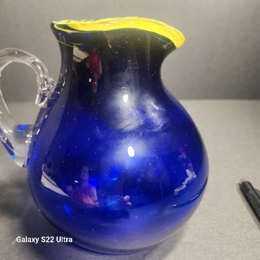 Hand Blown Art Glass Cobalt Blue Pitcher / Yellow W/ Applied Clear Glass Handle