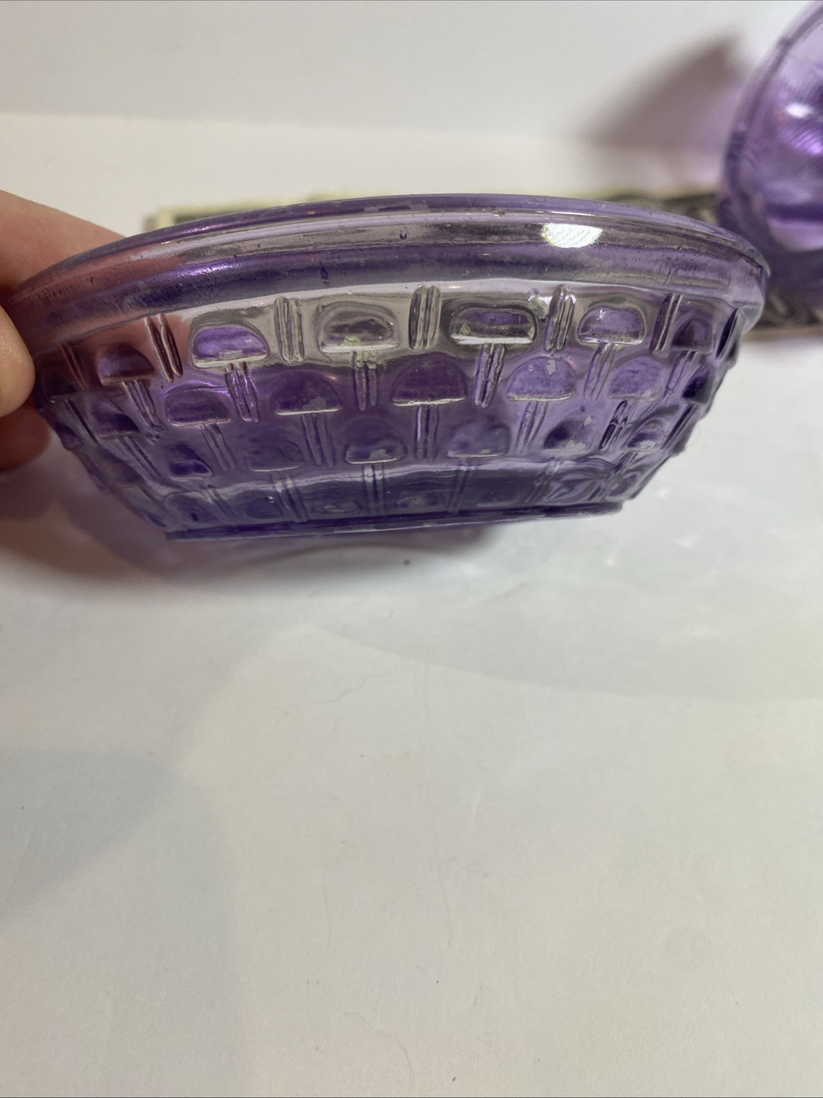 Vintage Lavender Glass Rabbit on Basket Candy Dish w/ Lid Easter Bunny 5”
