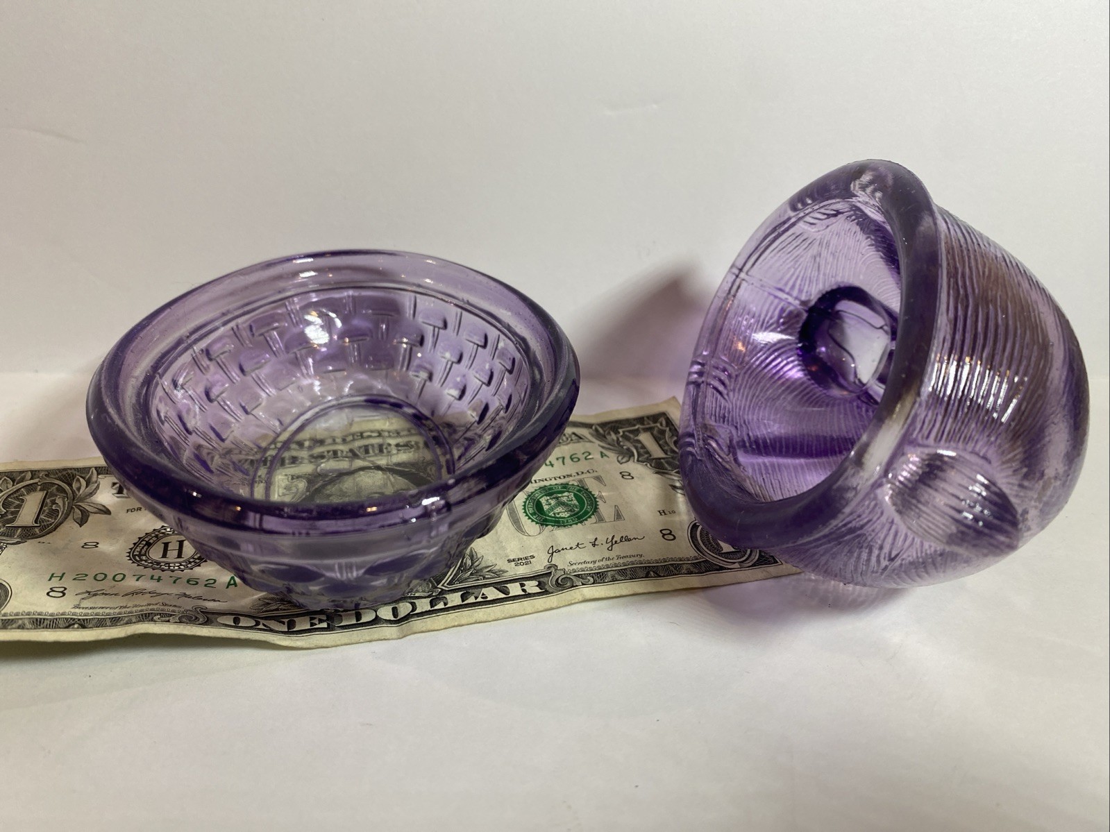 Vintage Lavender Glass Rabbit on Basket Candy Dish w/ Lid Easter Bunny 5”