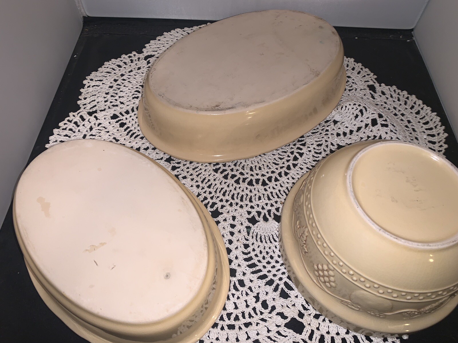 Vintage Leaf And Fruit Stoneware Casserole Bowls And Serving Bowl
