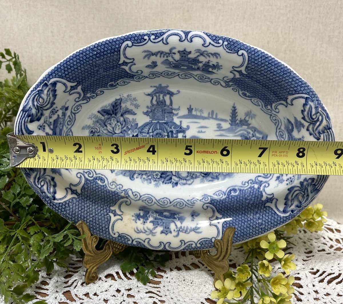 Allertons Chinese Blue Oval Serving Vegetable Bowl Pagodas 9 In OLD Back Stamp