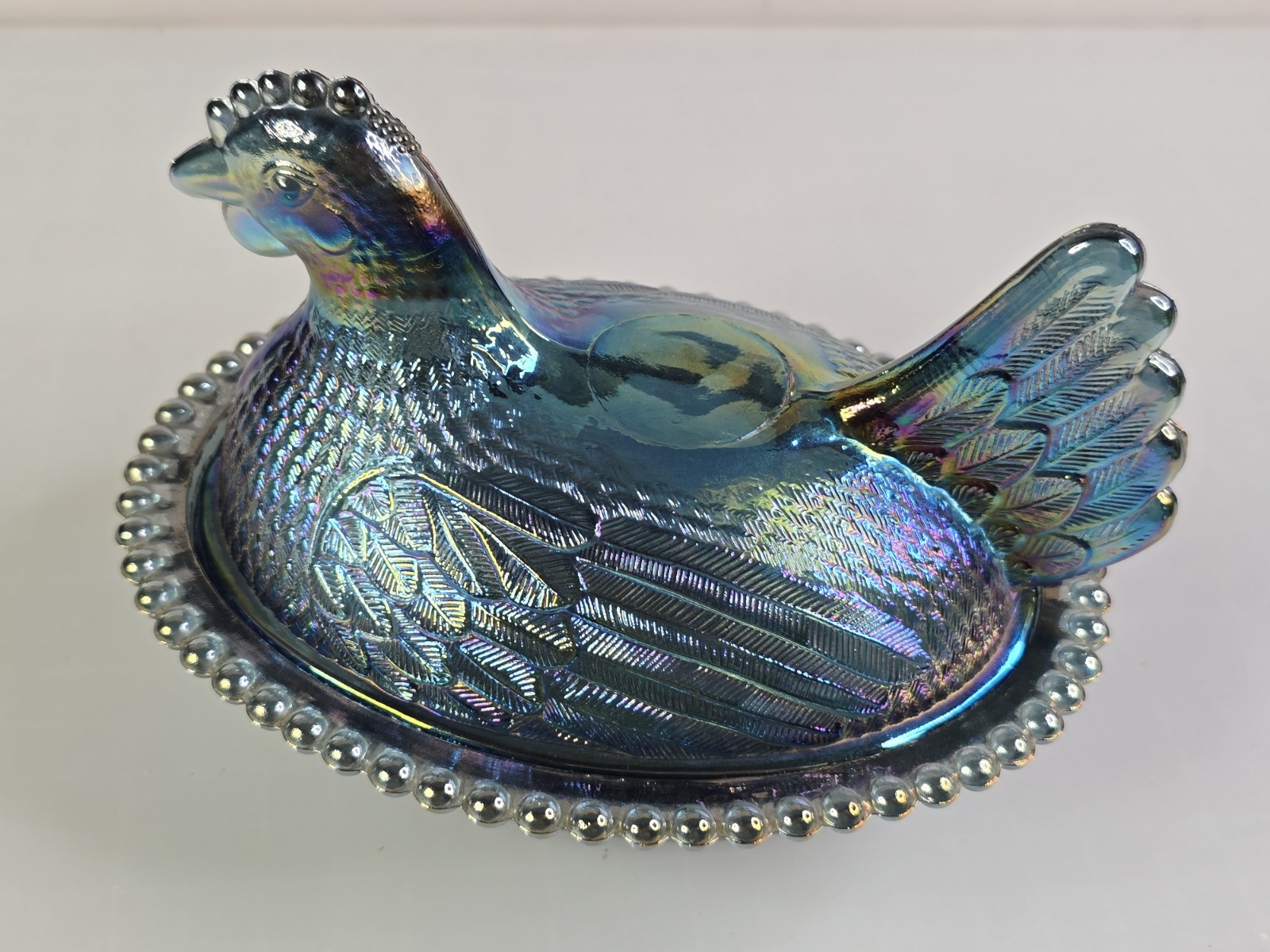 VTG Indiana Glass Iridescent Carnival Blue Hen On Nest Covered Candy Dish 7″ !!!