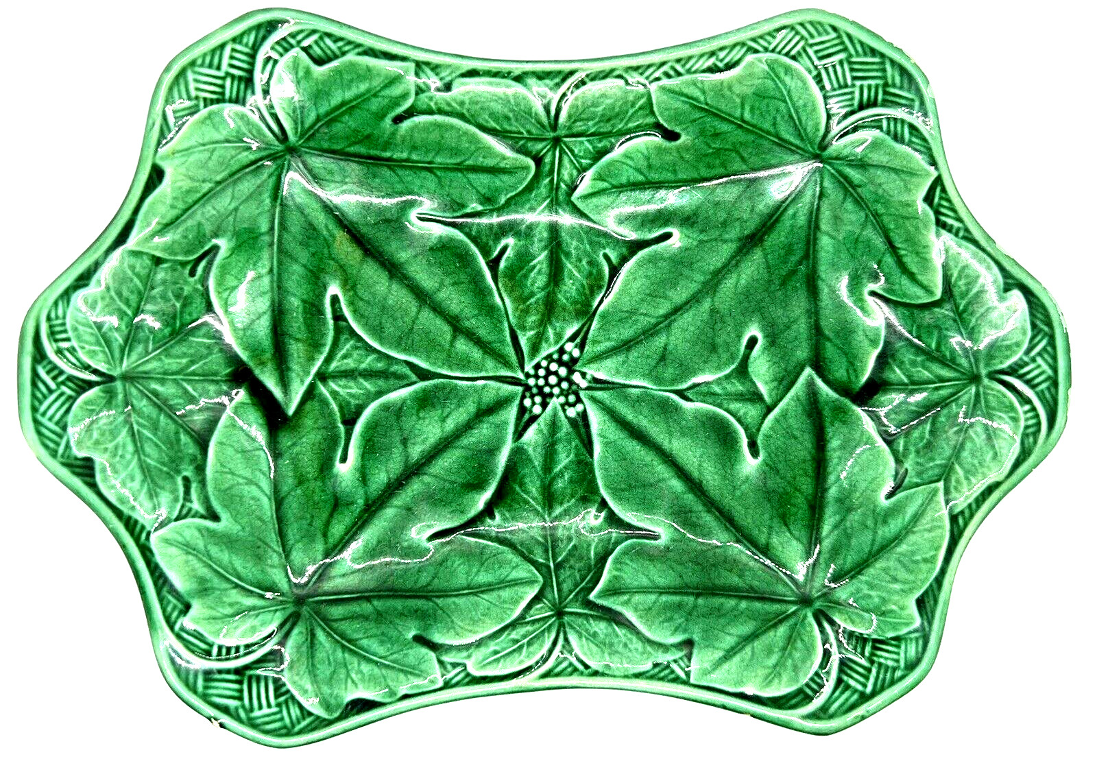 Dark Green Majolica Wedgwood Dish, Maple Leaves; Poinsettia Look; Dated 1868