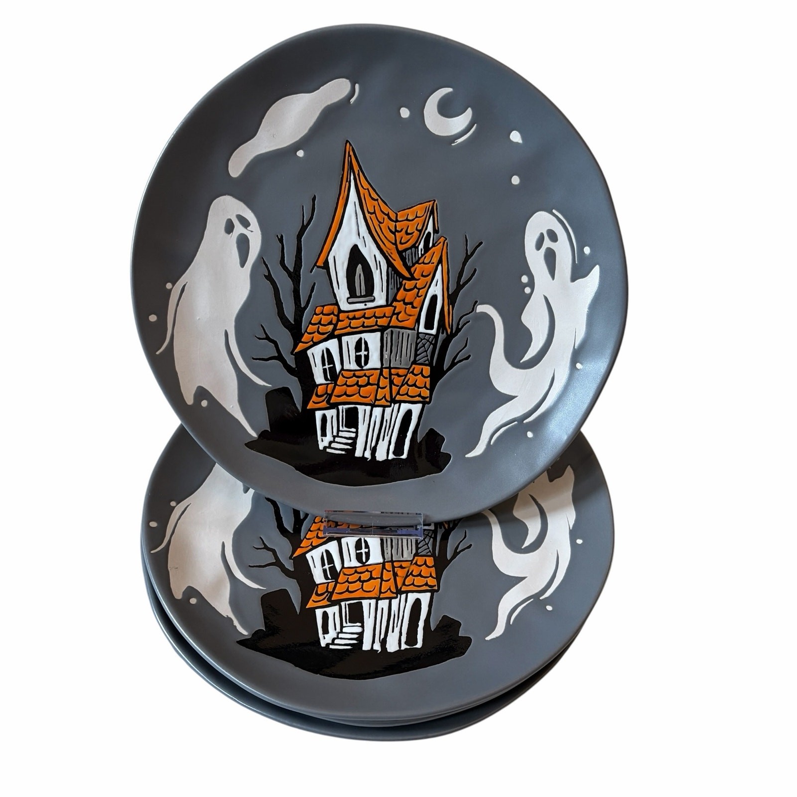 Eli + Ana Halloween Ghost Dinner Plates 11in Haunted House Set of 4 Ceramic NEW
