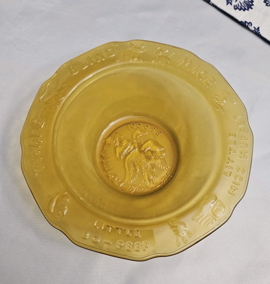 Indiana Tiara Glass Child’s Cereal Bowl Amber Nursery Rhymes Vintage