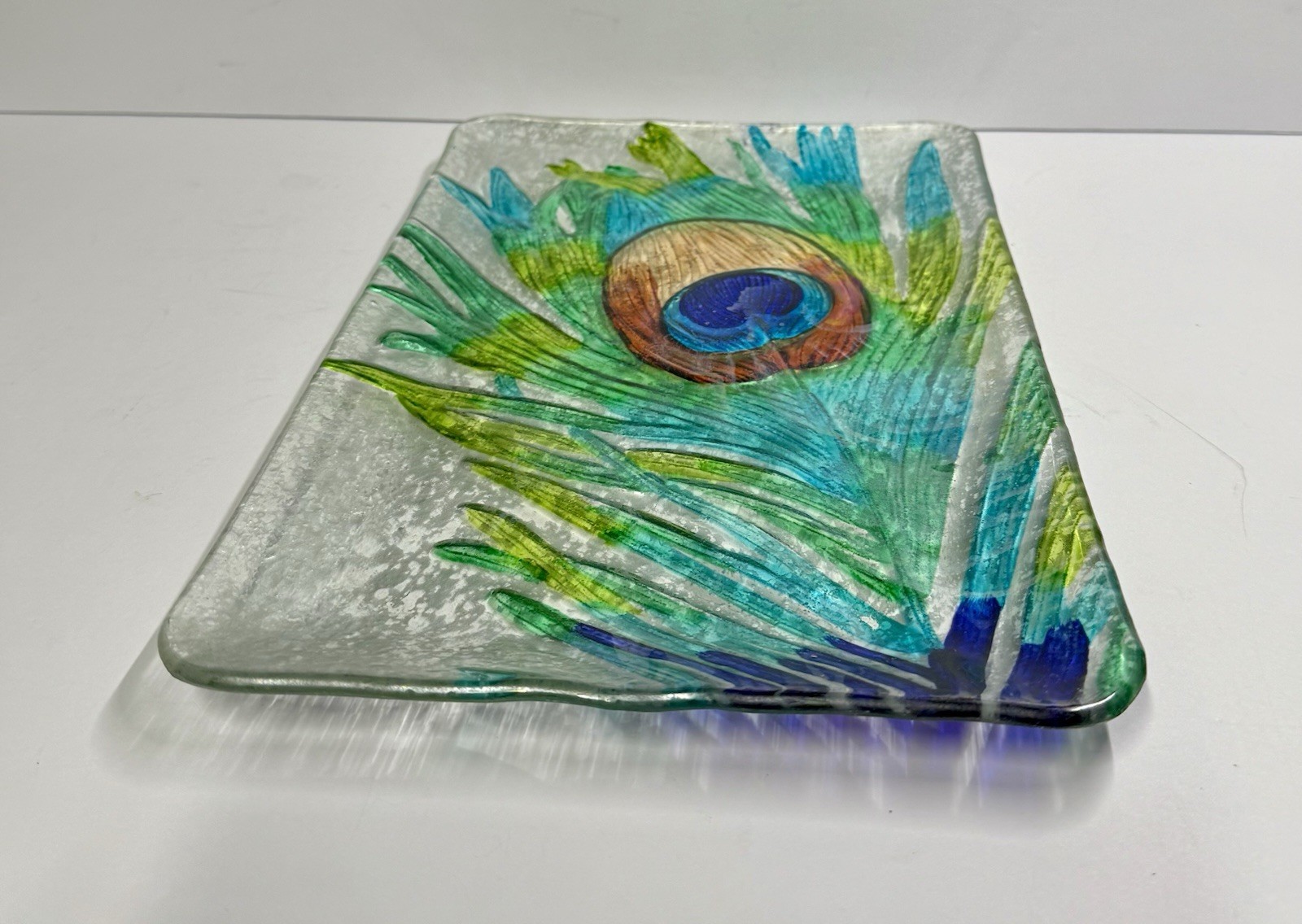 9 X 14” Fused Glass Peacock Feather Decorative Rectangular Platter Tray