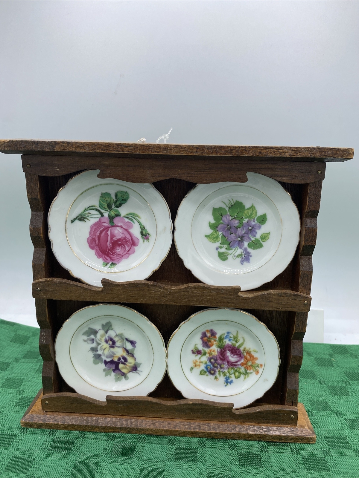 Wooden Wall Ornament Antique Porcelain Plates(4) 8.5”X 8.5”