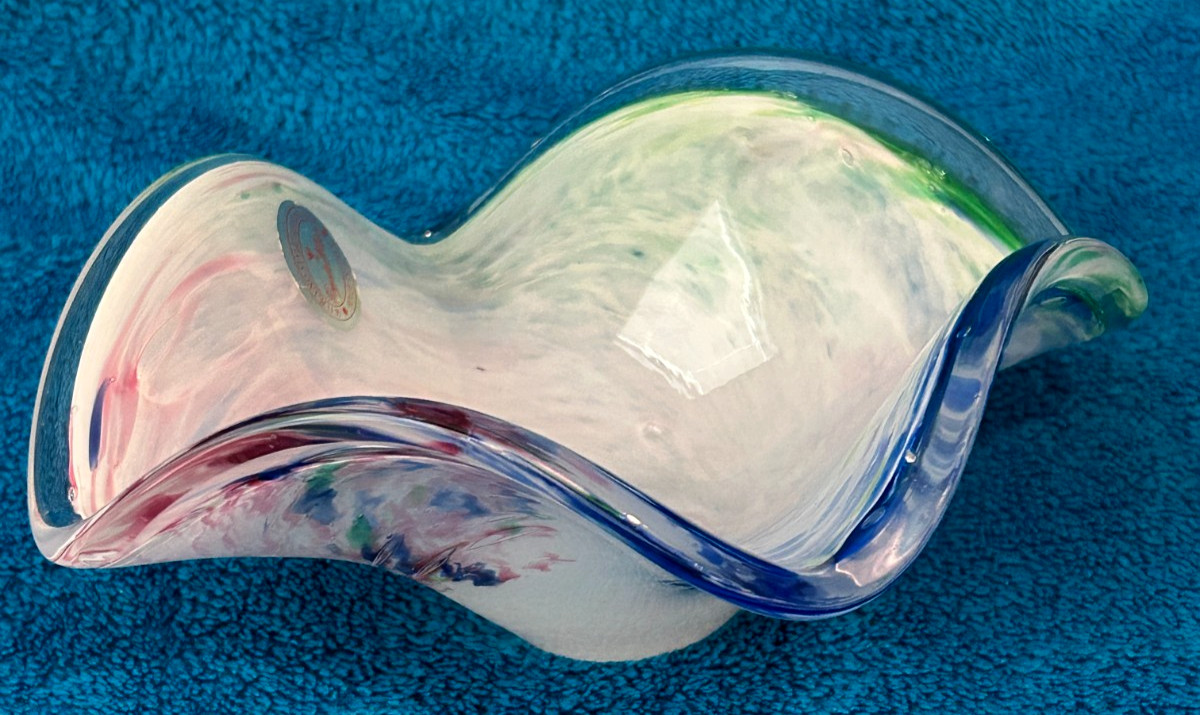 Vintage Murano Style Glassware Multicolor 7″ Bowl Green Blue Red Swirl