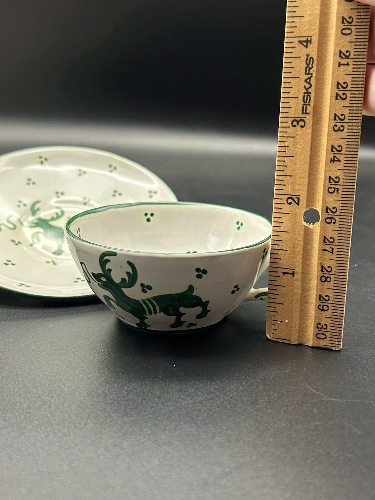 Vintage Italy SA Cup and Saucer Handpainted Pottery Green Stag Deer Artisan Set