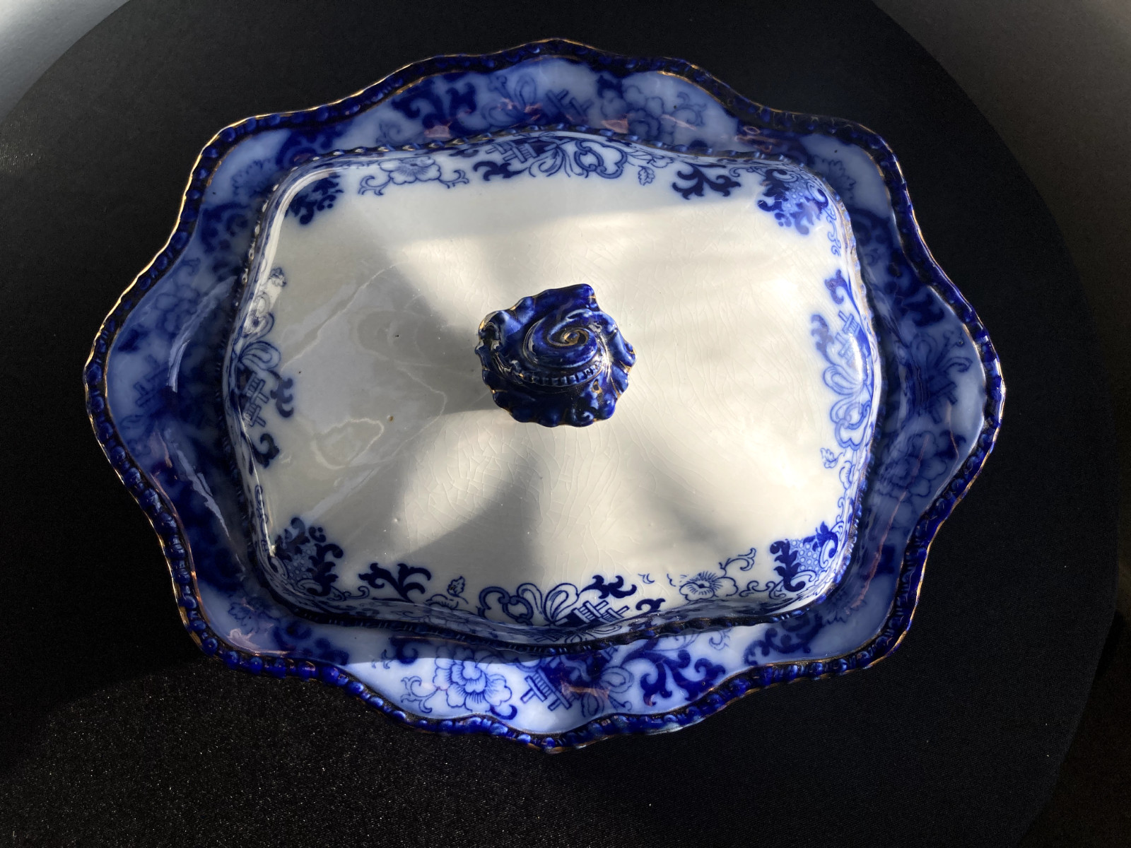 Antique Royal Doulton Flow Blue Oval Covered Vegetable Nankin Porcelain England