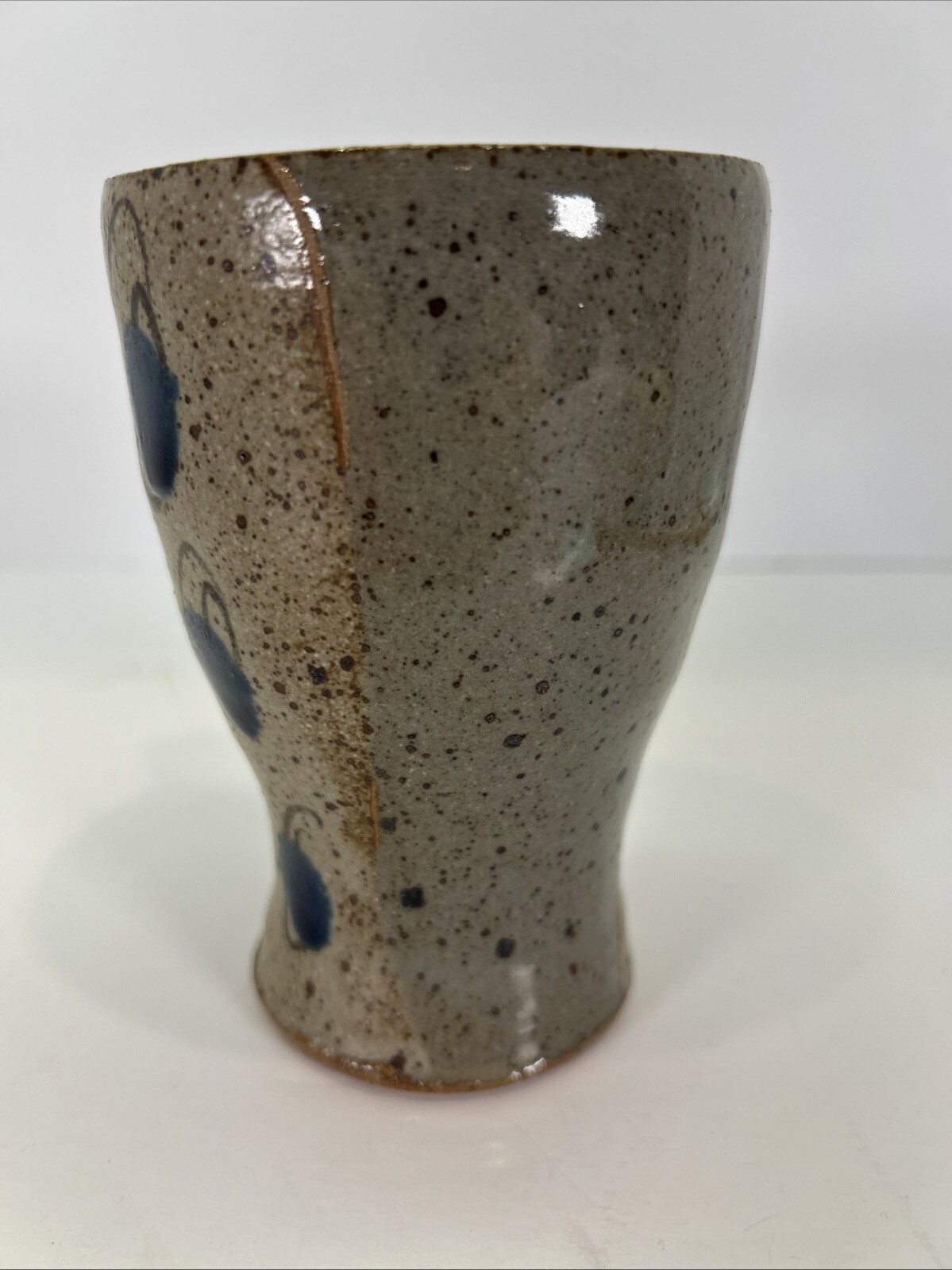 Studio Art Pottery Mug Gray Beige Blue Spotted Signed SRF 5”