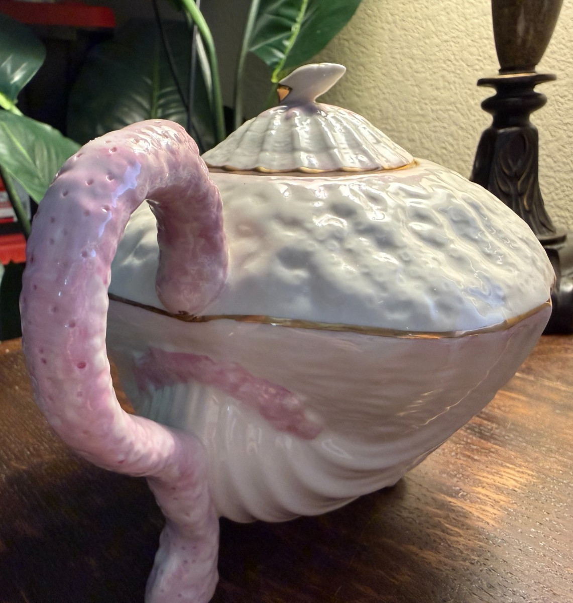 BELLEEK PINK NEPTUNE SEA SHELLS TEAPOT, SUGAR BOWL, CREAMER MINT CONDITION