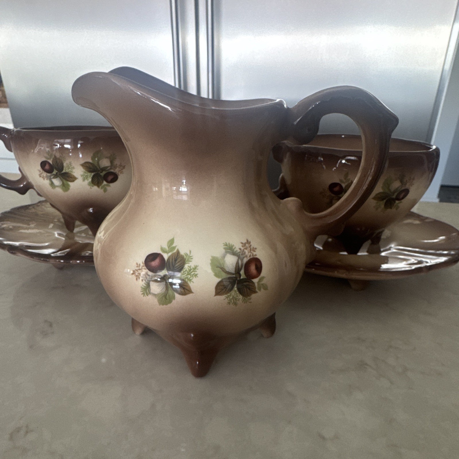 Ceramic Pottery Brown Beige Floral Pattern Four-Piece Cup & Saucer Set