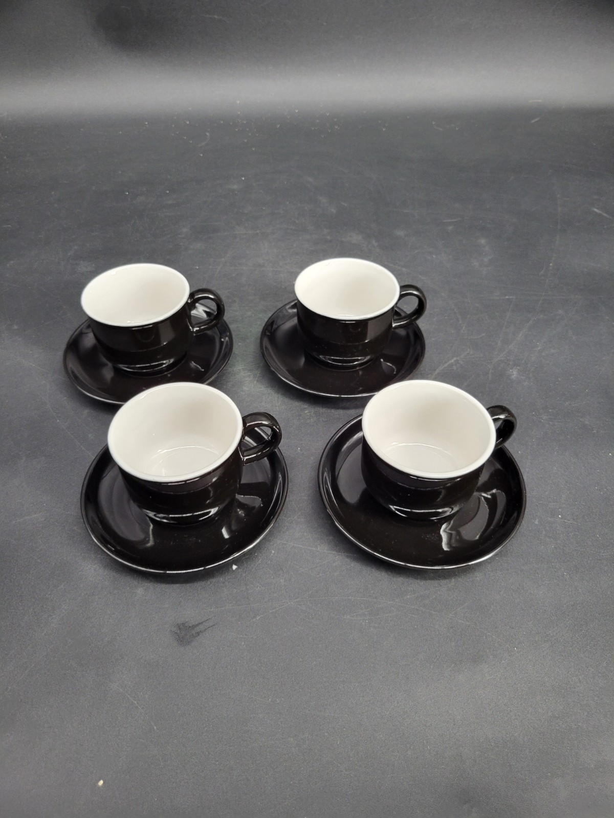 4 Black Glazed 2 1/8″ Teacup/Coffee Cup w/ Four 5″ Saucer Sets 8-Pieces Total