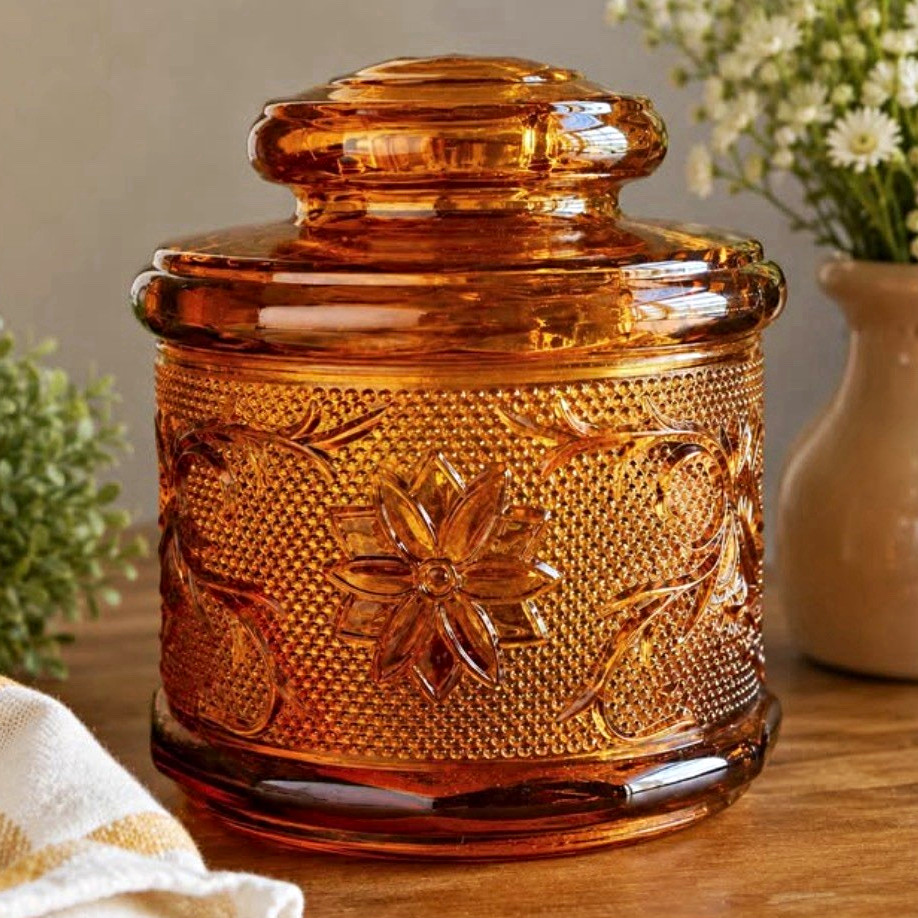 Vintage Tiara Indiana Glass Amber “Sandwich” Canister w/Lid