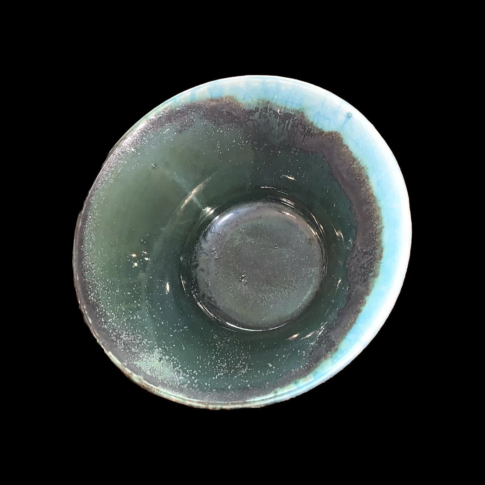 Roku Bird Pottery Grn Blue Gray Tan Textured Bowl 2 3/8”T 5.5”DiamTop 2.75”Base