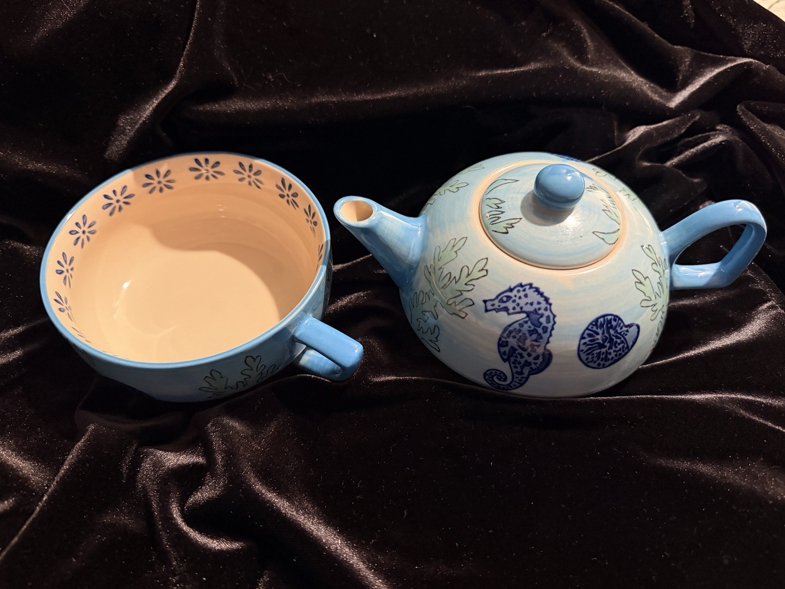 Yokohama Studio Hand Painted Seahorse Teapot & Cup Blue Coastal Ceramic