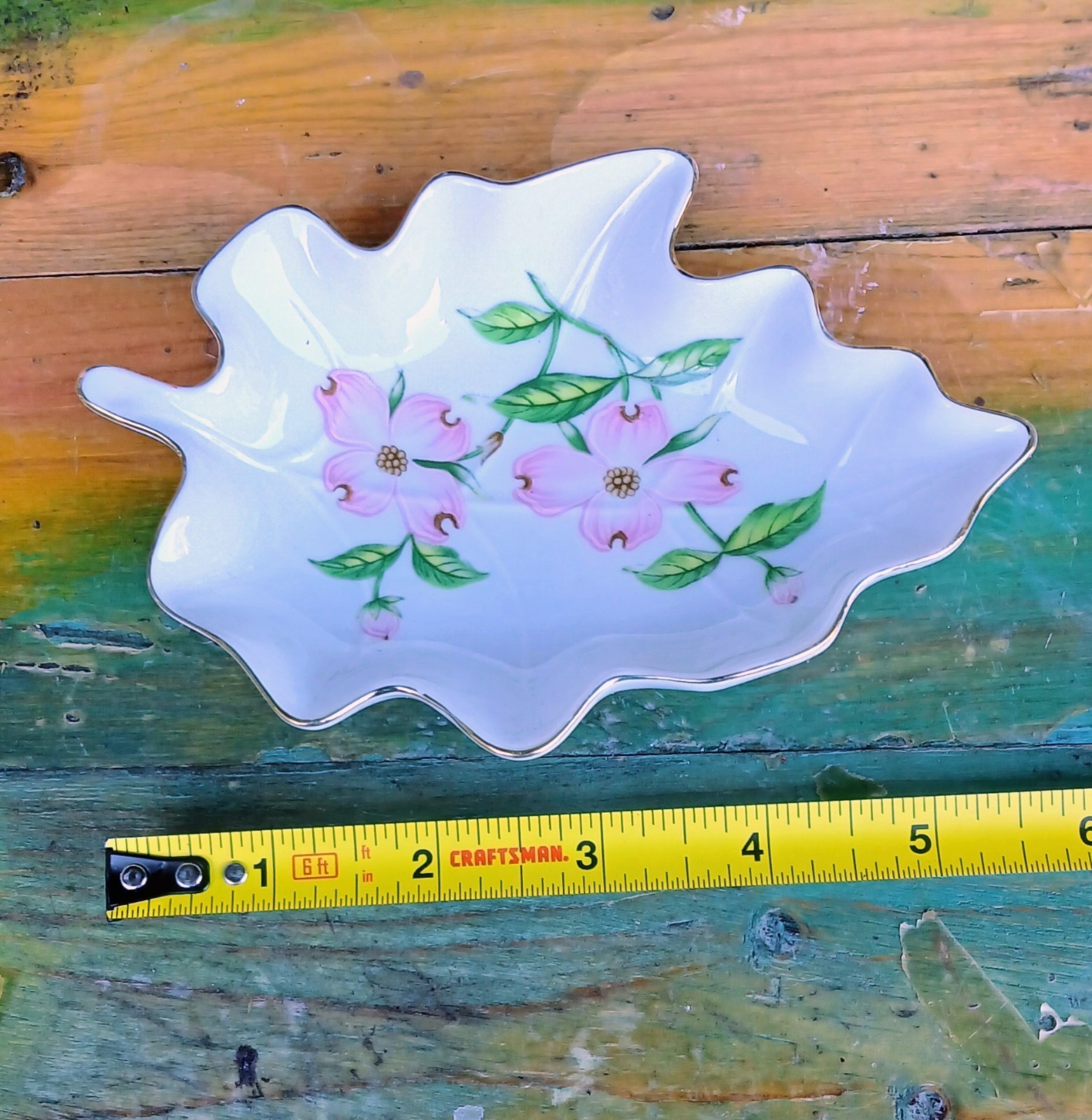 Lefton Hand Painted Leaf-Shaped Floral China Dish White Pink Green 03534 Japan
