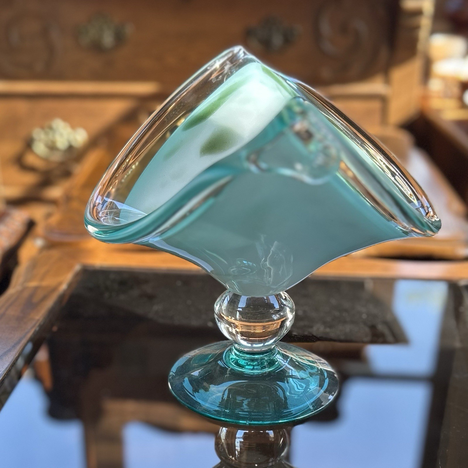 Murano Sommerso Art Glass Pedestal Bowl Blue White Green Swirl 10 in x 8 in