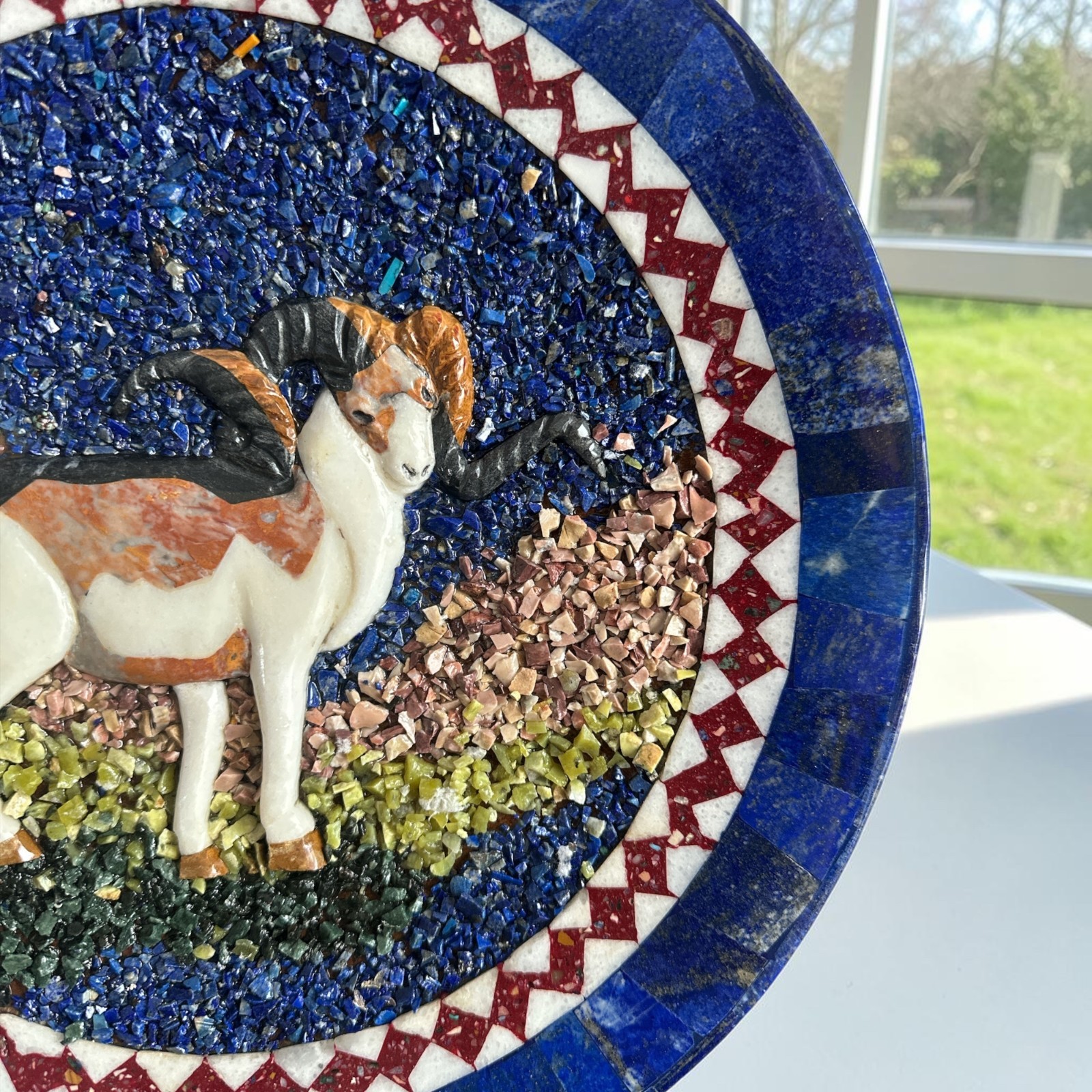 Handmade Lapis Lazuli & Marble Ram Plate | Afghan Stone Mosaic| 12″ Round Inlay