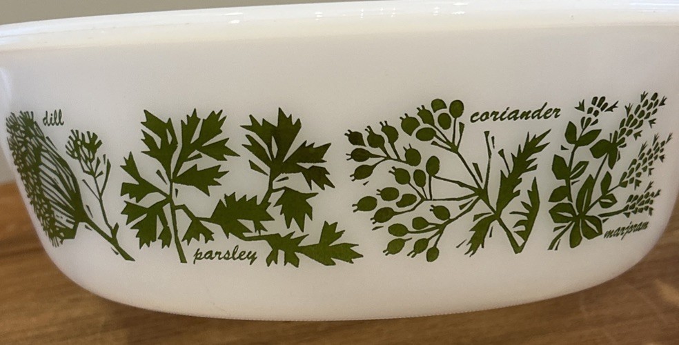 Vintage Glasbake Milk Glass 2 Qt Casserole Dish “Herb Garden” Print Green J514
