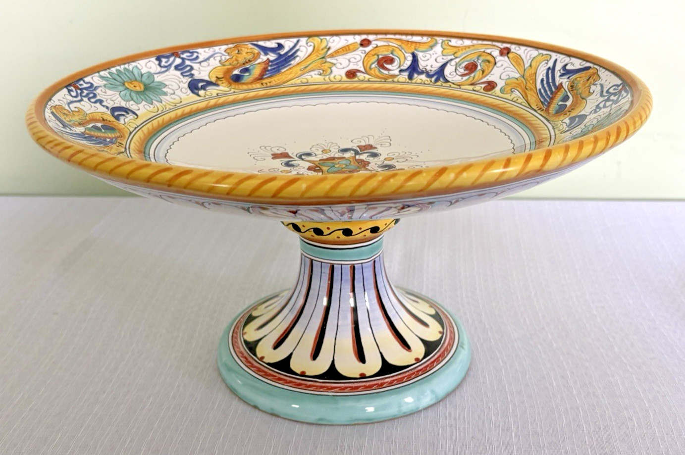 Deruta Italy-Raffaellesco Yellow Dragon-Pedestal Bowl-Artist Signed-EC-Vintage