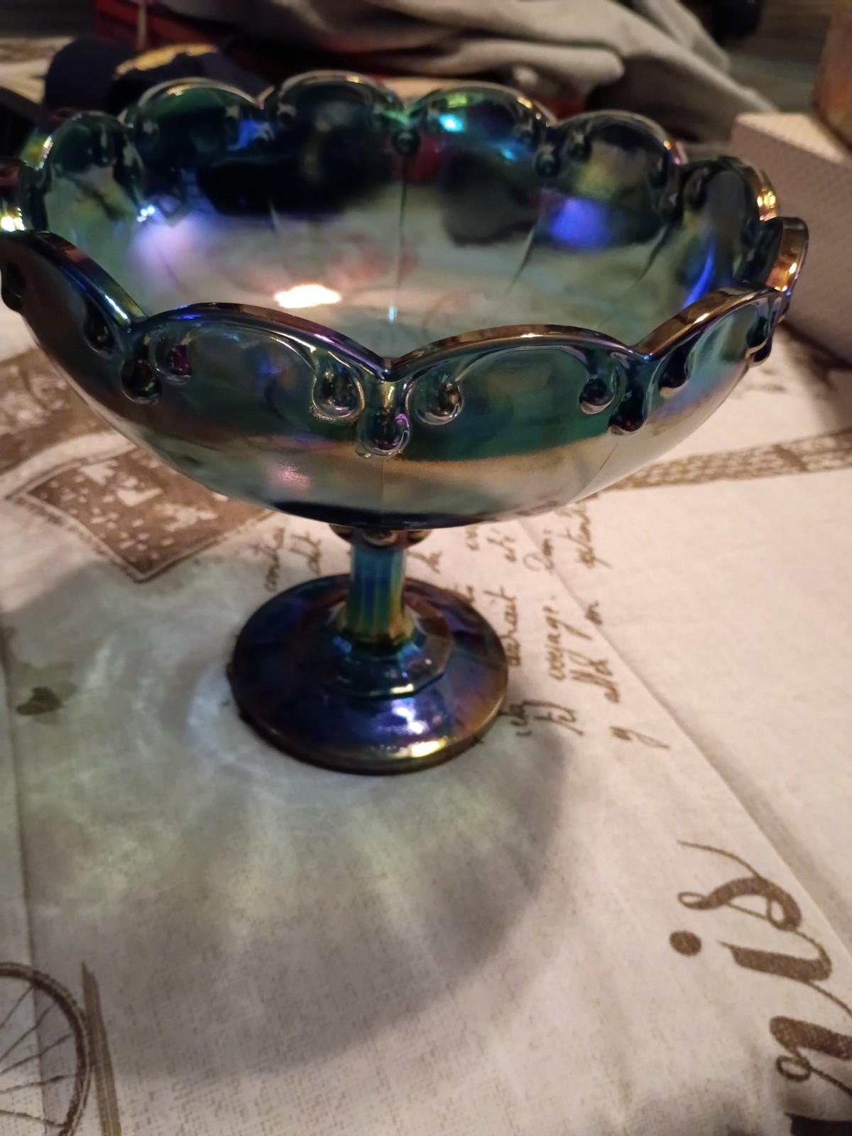 1970s Indiana Glass Iridescent Blue Carnival Glass Pedestal Compote/ Candy Bowl
